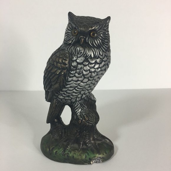 Chalkware Owl Figurine Made in Mexico Brown & Silver Painted - Picture 1 of 8